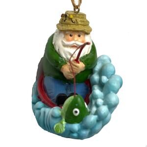 Vintage Santa Fishing In A Boat Christmas Ornament Green Fish On His Line 3 In